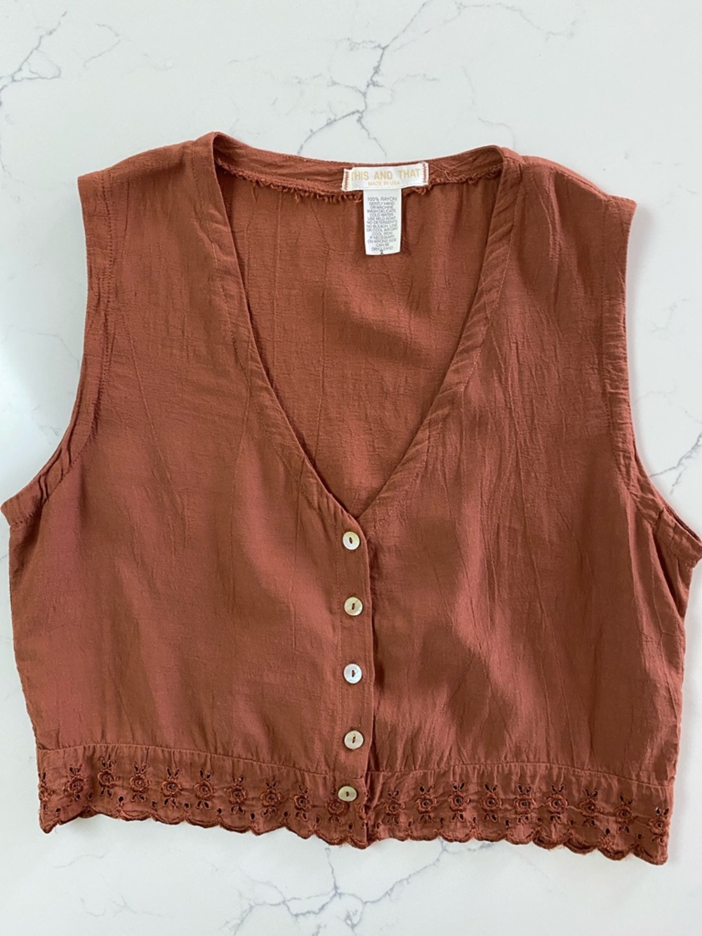 Rust V-Neck Cropped Button Top with Lace